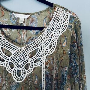 krazy kat Olive Green Paisley Tunic with White Crochet Trim